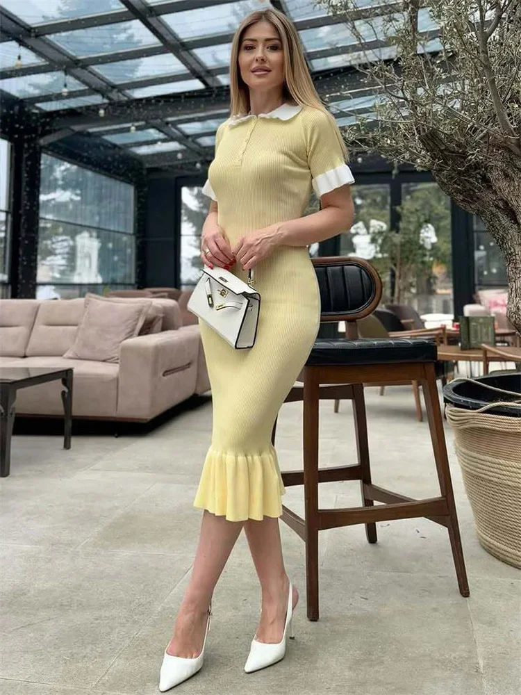 Fashion Ruffled Knitwear Long Dress For Women High Waist Contrast Short Sleeve Ribbed Slim Dress Knit Elegant Party Dress
Fashion Ruffled Knitwear Long Dress For Women High Waist Contrast Short Sleeve Ribbed Slim Dress Knit Elegant Party Dress