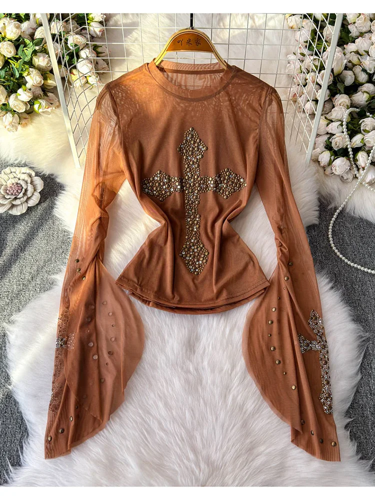 Women‘s Summer Shirt European Style 2025 Design Sense Metal Nail Bead Slimming Trumpet Sleeve Hoodie Mesh T-shirt Top BL135
Women‘s Summer Shirt European Style 2025 Design Sense Metal Nail Bead Slimming Trumpet Sleeve Hoodie Mesh T-shirt Top BL135