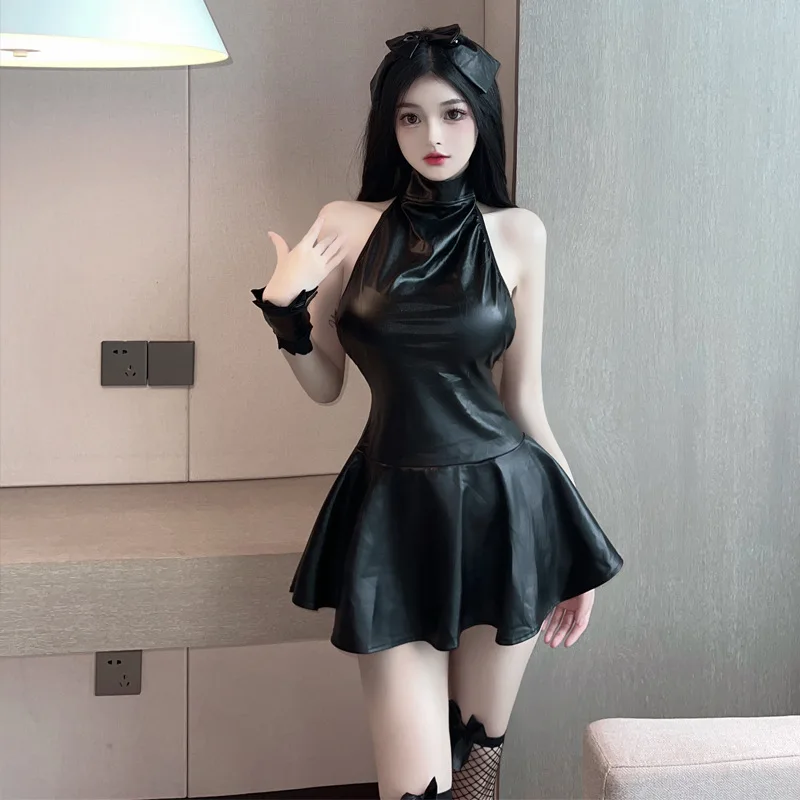 Сексуальное вязаное платье в горошек с низкой талией и виниловыми элементами для ролевых игр, с крестообразными бретелями, без рукавов, для женщин
Сексуальное вязаное платье в горошек с низкой талией и виниловыми элементами для ролевых игр, с крестообразными бретелями, без рукавов, для женщин