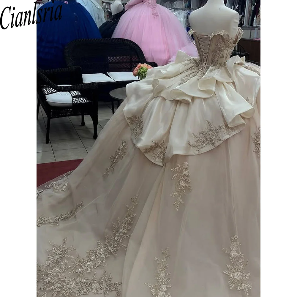 Платья для выпускного вечера цвета шампанского, платья Quinceanera, 2025, на заказ, милая оболочка, аппликация из бисера, корсет, вечерние платья принцессы
Платья для выпускного вечера цвета шампанского, платья Quinceanera, 2025, на заказ, милая оболочка, аппликация из бисера, корсет, вечерние платья принцессы