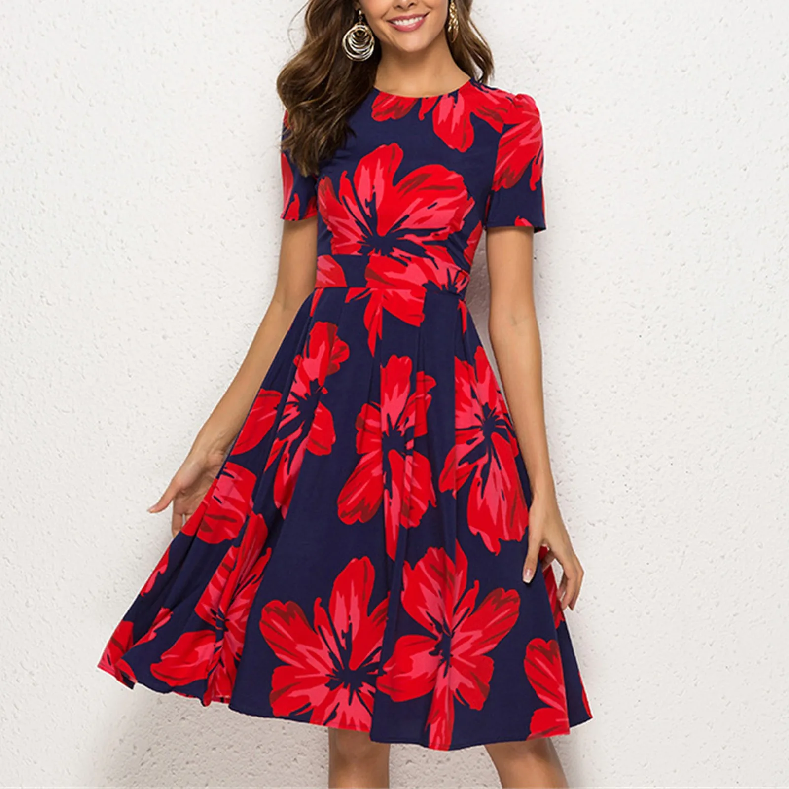 Women's A Line Dresses Vintage Floral Printed Short Sleeve Round Neck Party Dresses Summer Versatile Casual Mid Length Dress
Women's A Line Dresses Vintage Floral Printed Short Sleeve Round Neck Party Dresses Summer Versatile Casual Mid Length Dress