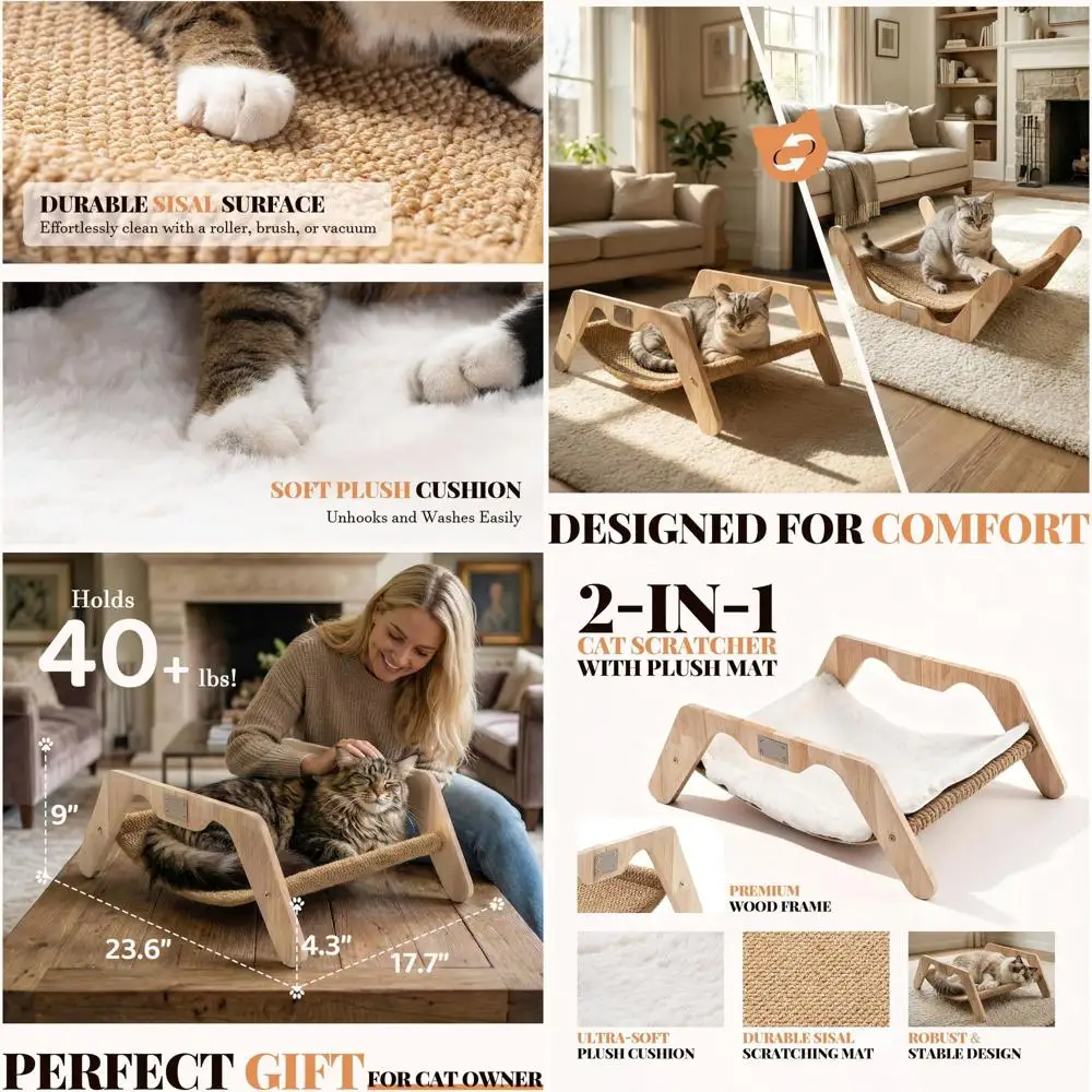 2-in-1 Cat Scratcher Bed, Elevated Wooden Cats Scratch Pad with Plush Mat & Sisal Cat Scratcher or Indoor Cats, Lounger urniture
2-in-1 Cat Scratcher Bed, Elevated Wooden Cats Scratch Pad with Plush Mat & Sisal Cat Scratcher or Indoor Cats, Lounger urniture