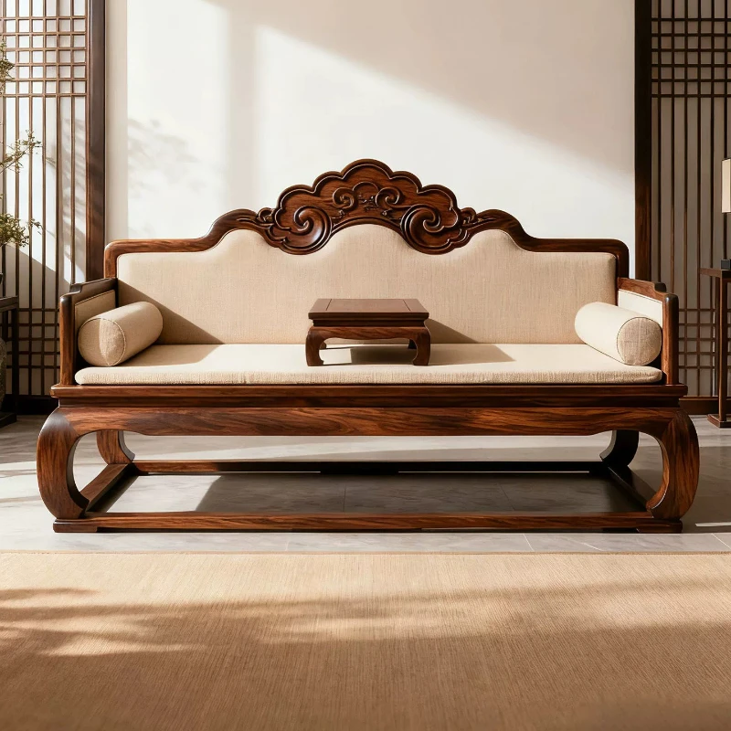 New Chinese black walnut auspicious cloud fabric Arhat bed solid wood retro double sofa
New Chinese black walnut auspicious cloud fabric Arhat bed solid wood retro double sofa