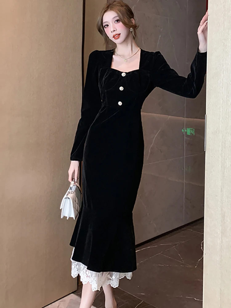 Black Velvet Patchwork White Lace Ruffled Mermaid Dress Women Korean Vintage Luxury Long Dress 2025 Autumn Elegant Bodycon Dress
Black Velvet Patchwork White Lace Ruffled Mermaid Dress Women Korean Vintage Luxury Long Dress 2025 Autumn Elegant Bodycon Dress