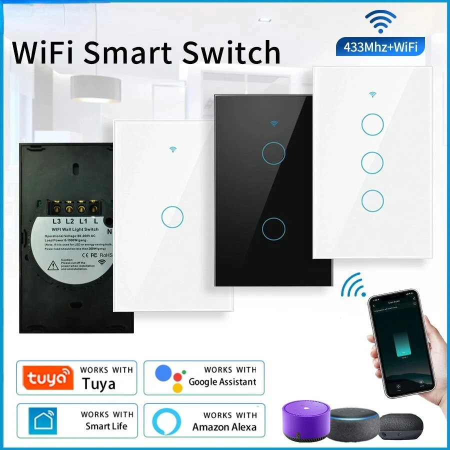 Умный настенный сенсорный выключатель Tuya Wi-Fi RF433Mhz, 1/2/3 кнопочный панельный переключатель Без нейтрального провода, США работает с Alexa Google Assistant
Умный настенный сенсорный выключатель Tuya Wi-Fi RF433Mhz, 1/2/3 кнопочный панельный переключатель Без нейтрального провода, США работает с Alexa Google Assistant