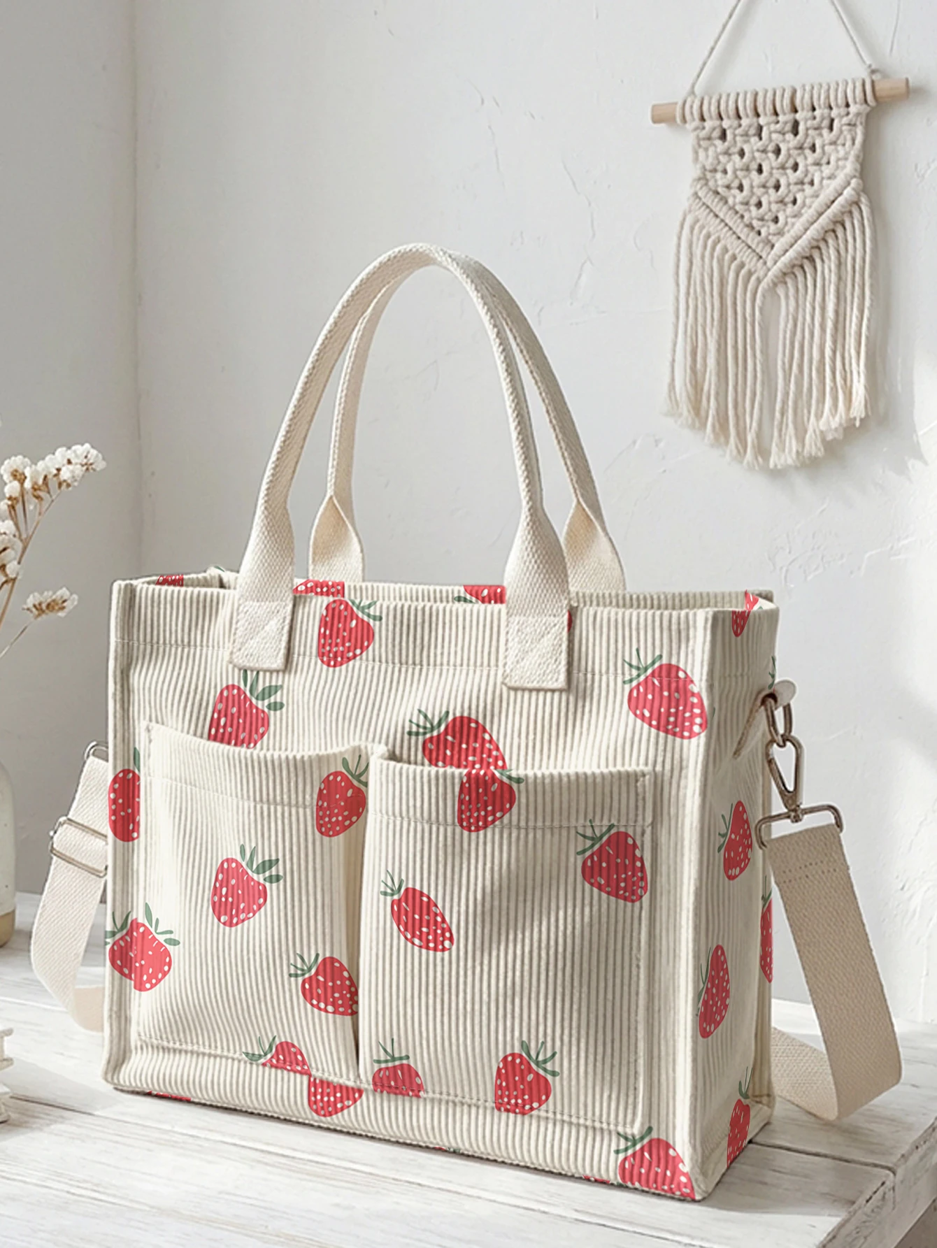 Cute Strawberry Print Corduroy Tote Bag Large Capacity Multi Pocket Fruit Lover Commuter Shoulder Bag
Cute Strawberry Print Corduroy Tote Bag Large Capacity Multi Pocket Fruit Lover Commuter Shoulder Bag