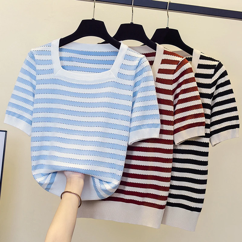 2023 Summer Knitted Oversized Sweater Women Loose Jumper Female Pullover Square Short sleeve Stripe color lines Casual Tops
2023 Summer Knitted Oversized Sweater Women Loose Jumper Female Pullover Square Short sleeve Stripe color lines Casual Tops