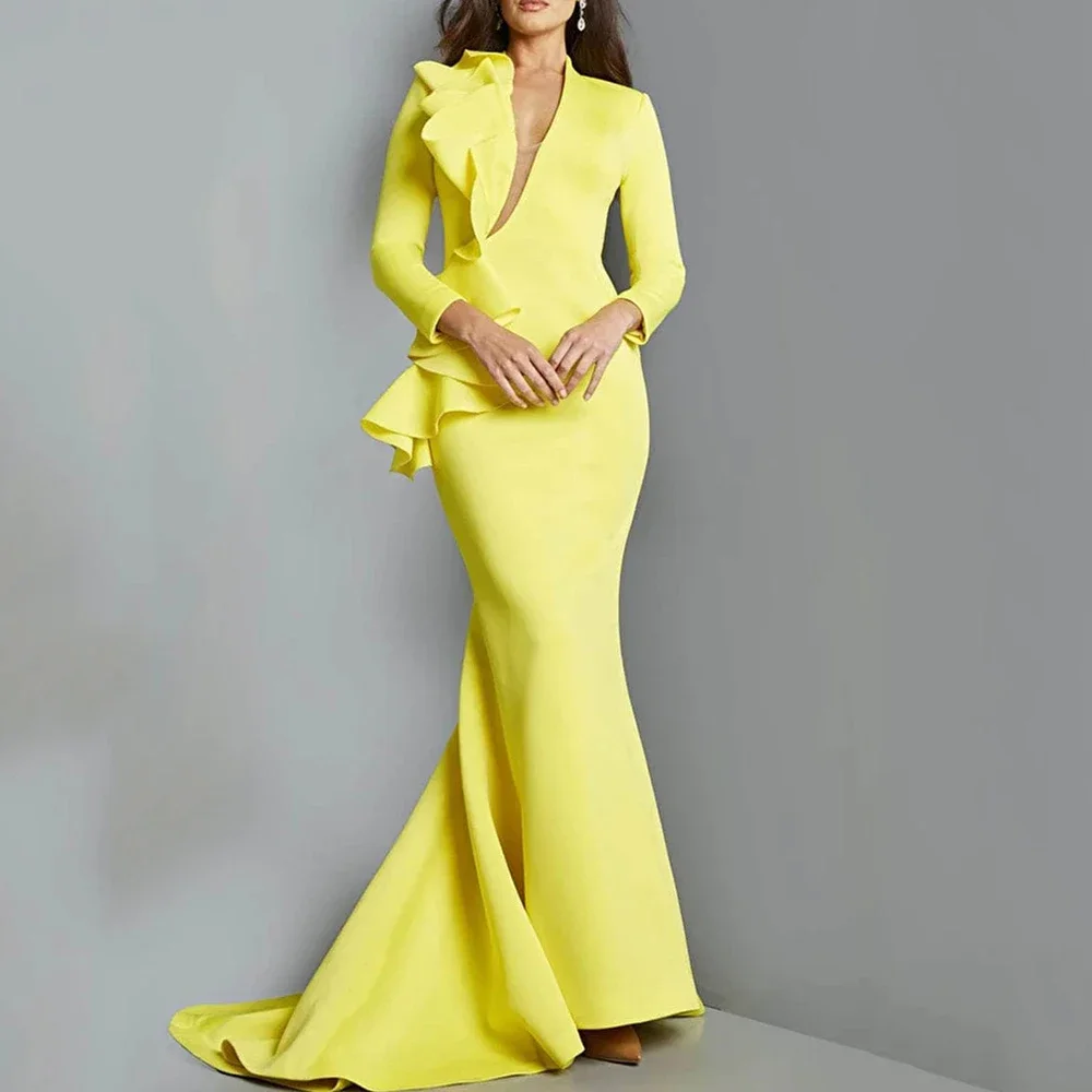 Customized Yellow Mermaid Floor Length Evening Dress Chic V-Neck And Long Sleeves With Ruffles Custom Made Women Banquet Gowns
Customized Yellow Mermaid Floor Length Evening Dress Chic V-Neck And Long Sleeves With Ruffles Custom Made Women Banquet Gowns