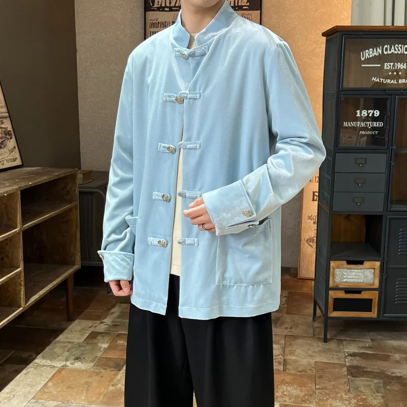 New Chinese Style Men's Velvet Jacket with Button Design Loose Fit Spring Autumn Youth Fashion Traditional Hanfu Outerwear
New Chinese Style Men's Velvet Jacket with Button Design Loose Fit Spring Autumn Youth Fashion Traditional Hanfu Outerwear