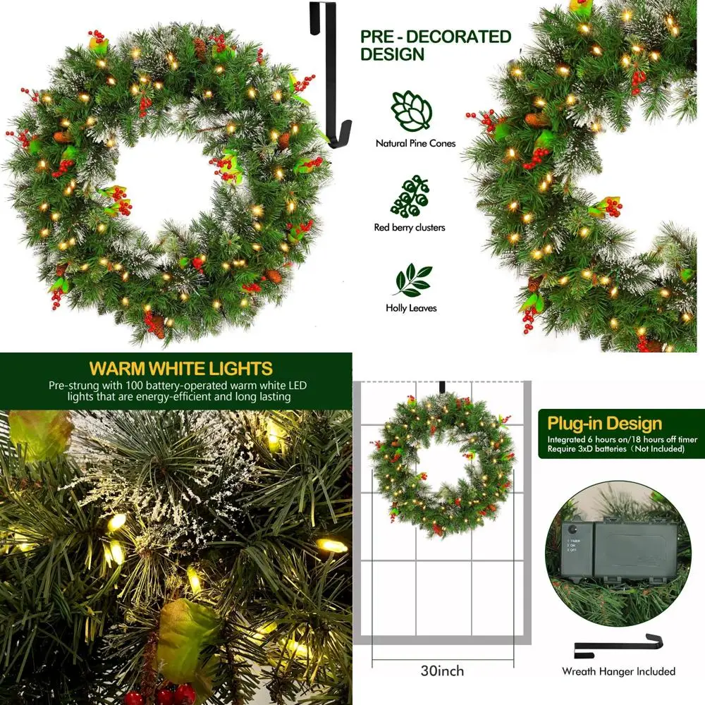 Artificial Pre-Lit Christmas Wreath with 100 Warm White LEDs, 223 Branch Tips, Wintry Pine Style, Timeless Holiday Decor
Artificial Pre-Lit Christmas Wreath with 100 Warm White LEDs, 223 Branch Tips, Wintry Pine Style, Timeless Holiday Decor