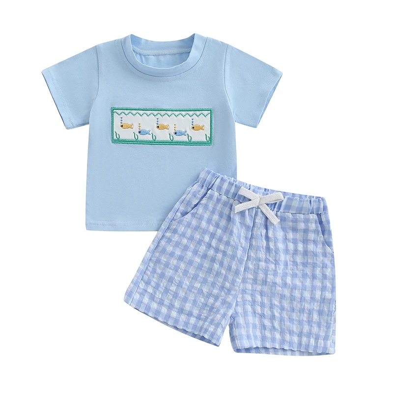 Boys Summer Shorts Sets Short Sleeve O Neck Fish Embroidery Tops and Plaid Shorts
Boys Summer Shorts Sets Short Sleeve O Neck Fish Embroidery Tops and Plaid Shorts