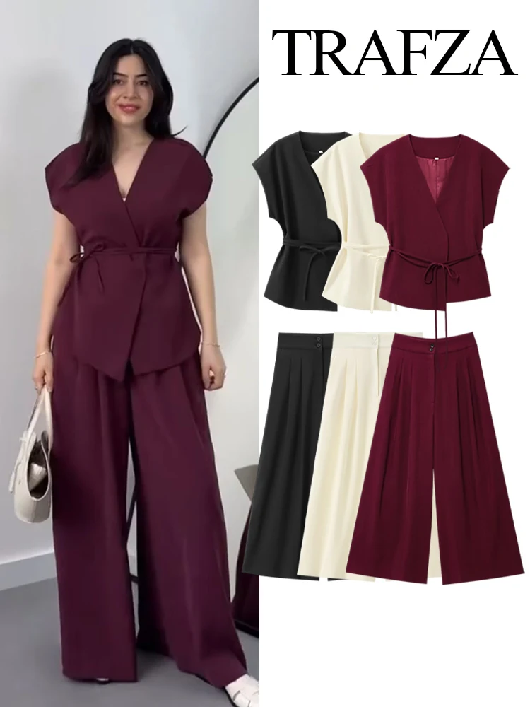 TRAFZA Women Summer Elegant Suits Flax Blended Double-lapel Lace-up Vest Tops+Button Zipper Pocket Pleated Trousers Sets Mujer
TRAFZA Women Summer Elegant Suits Flax Blended Double-lapel Lace-up Vest Tops+Button Zipper Pocket Pleated Trousers Sets Mujer