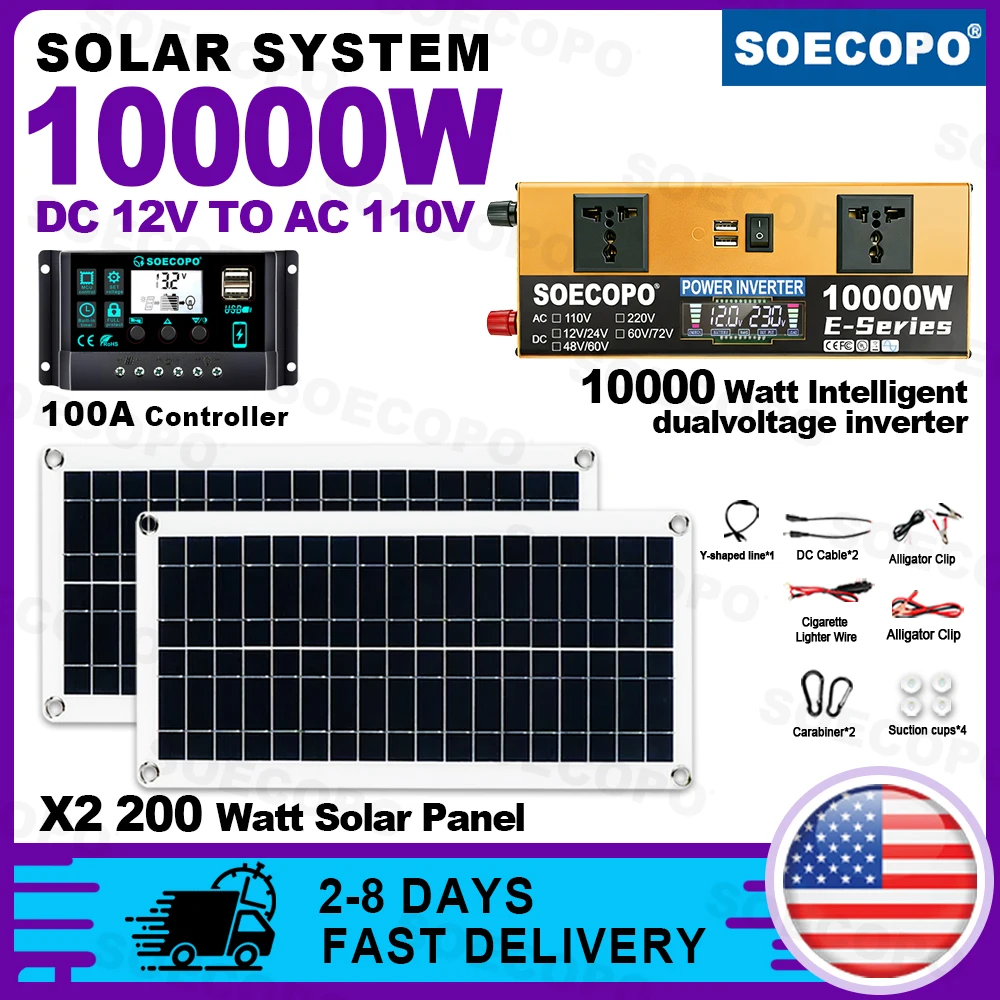 Солнечная система SOECOPO 10000 Вт (склад США), комплект из 2 солнечных панелей по 200 Вт, контроллер 100 А, интеллектуальный инвертор с двойным напряжением 12В/24В на 110В для автодомов
Солнечная система SOECOPO 10000 Вт (склад США), комплект из 2 солнечных панелей по 200 Вт, контроллер 100 А, интеллектуальный инвертор с двойным напряжением 12В/24В на 110В для автодомов