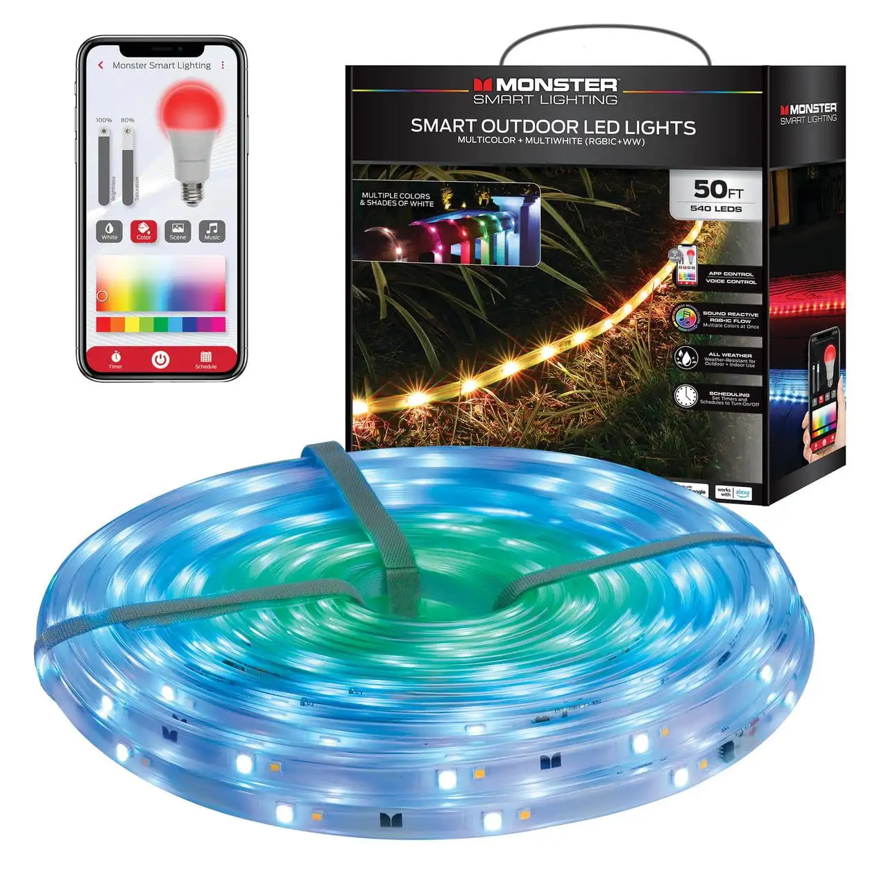 Умные уличные светодиодные ленты Monster Smart 50 футов, многоцветные светодиоды 540 RGB+IC, устойчивые к атмосферным воздействиям
Умные уличные светодиодные ленты Monster Smart 50 футов, многоцветные светодиоды 540 RGB+IC, устойчивые к атмосферным воздействиям