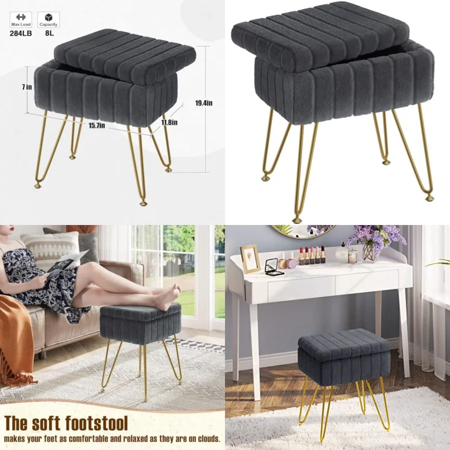 Vanity Stool Chair Faux Fur with Storage, 15.7"L x 11.8"W x 19.4"H Soft Ottoman 4 Metal Legs with Anti-Slip Feet, Furry Padded
Vanity Stool Chair Faux Fur with Storage, 15.7"L x 11.8"W x 19.4"H Soft Ottoman 4 Metal Legs with Anti-Slip Feet, Furry Padded