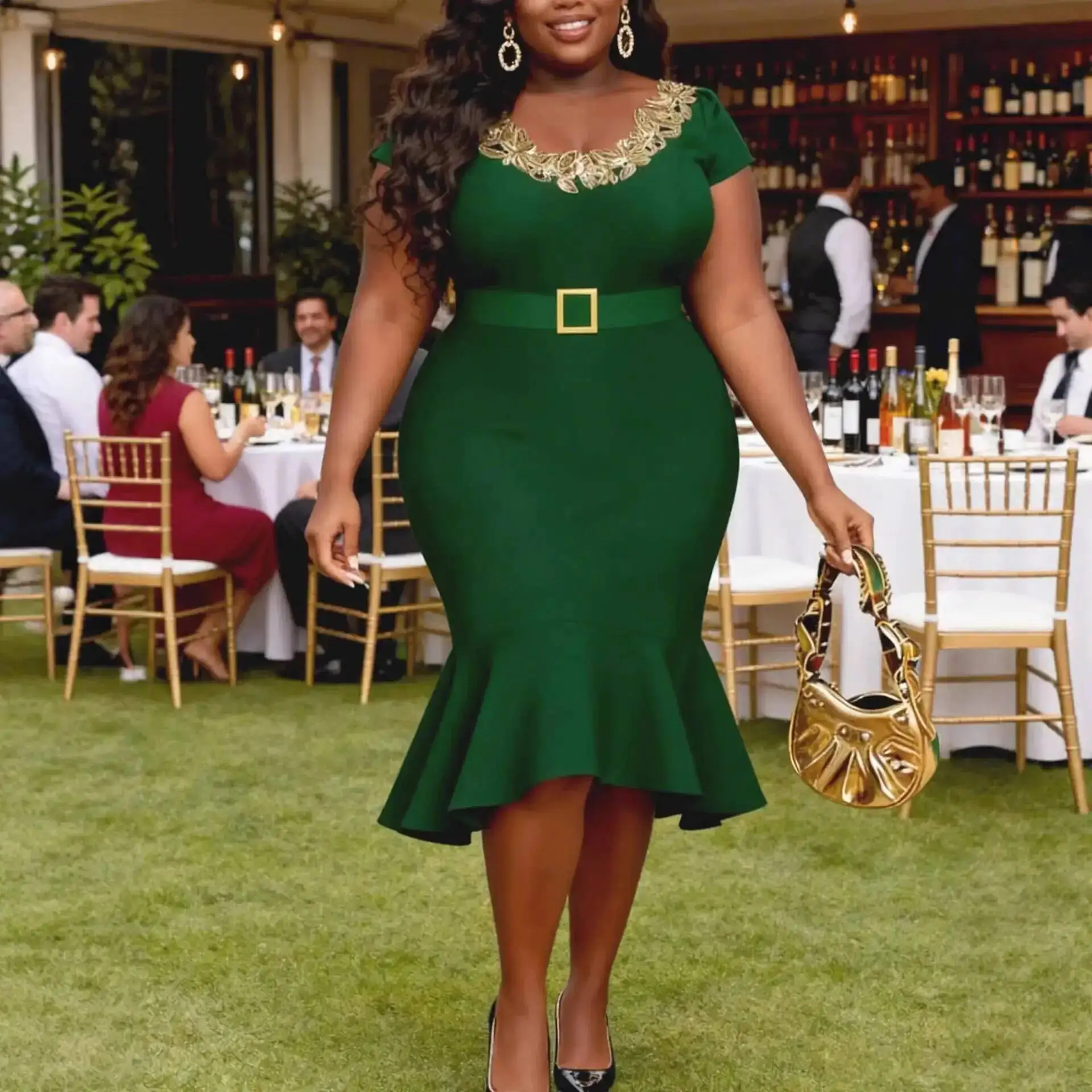 Plus-size Women's Green Elegant Fishtail Dress, Figure-flattering Lace-trimmed Collar With Waist Belt, Mid-length Party Dress
Plus-size Women's Green Elegant Fishtail Dress, Figure-flattering Lace-trimmed Collar With Waist Belt, Mid-length Party Dress