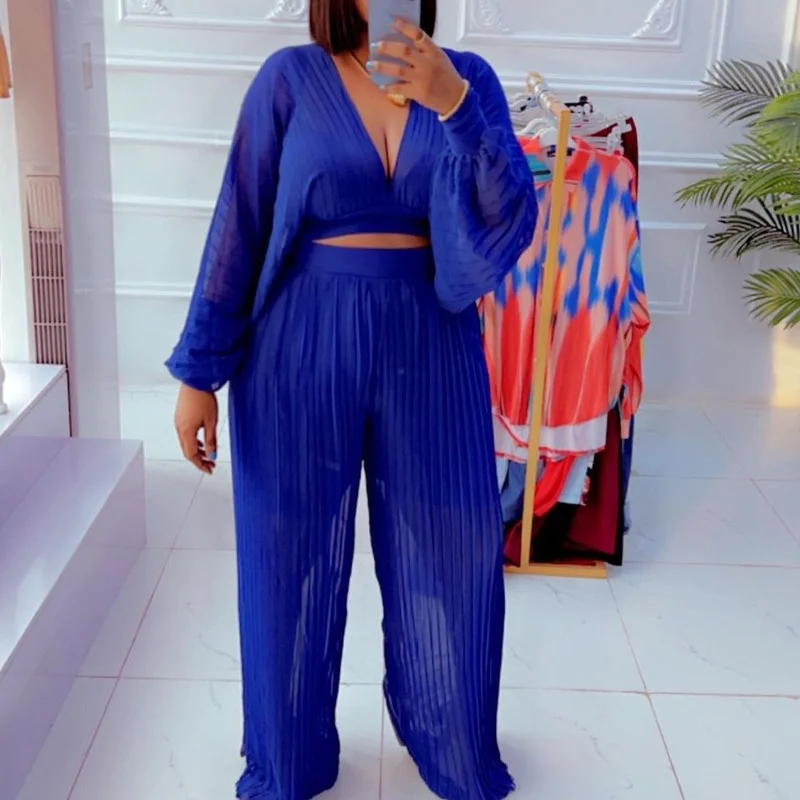 Woman 2 Pieces Summer Sets Pleated Chiffon Sheer V-Neck Top Wide-Leg Pant Set Y2k Set Womens Outfits Elegant Women's Sets Traf
Woman 2 Pieces Summer Sets Pleated Chiffon Sheer V-Neck Top Wide-Leg Pant Set Y2k Set Womens Outfits Elegant Women's Sets Traf