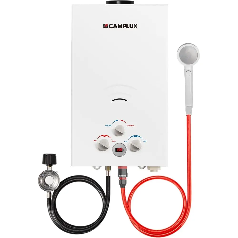CAMPLUX 2.64 GPM Propane Portable Gas Water Heater, 68,000 Outdoor TanklCamping Water Heater with Digital Display, White
CAMPLUX 2.64 GPM Propane Portable Gas Water Heater, 68,000 Outdoor TanklCamping Water Heater with Digital Display, White