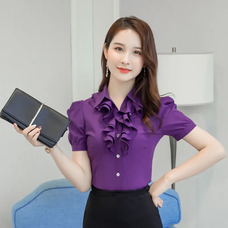 White Purple Blouse Fashion Female Short Sleeve Casual Formal Shirt Elegant Ruffled Collar Office Lady Tops Women Summer Wear
White Purple Blouse Fashion Female Short Sleeve Casual Formal Shirt Elegant Ruffled Collar Office Lady Tops Women Summer Wear