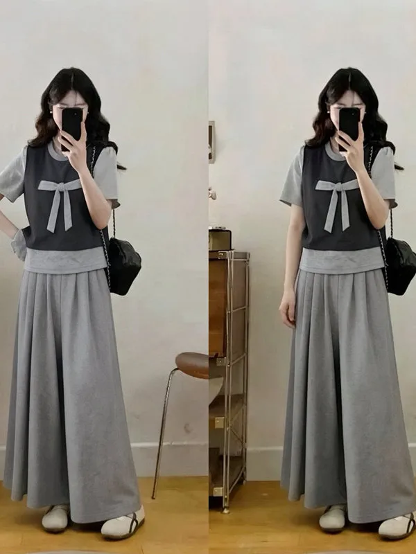 plus Size Fashionable Loose Wide Leg Pants Set with Bow Tie Short Sleeve Top Women's Clothing Knot Slimming Effect
plus Size Fashionable Loose Wide Leg Pants Set with Bow Tie Short Sleeve Top Women's Clothing Knot Slimming Effect
