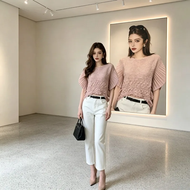 Miyake Pleated Summer New Design Handmade Pile Pleated Batwing Sleeve Short Sleeve Elegant Commuter Slim Fit Top for Women Pleat
Miyake Pleated Summer New Design Handmade Pile Pleated Batwing Sleeve Short Sleeve Elegant Commuter Slim Fit Top for Women Pleat