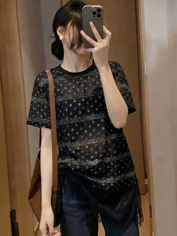 Lace Hem Polka Dot Splice Shoulder Short Sleeve T Shirt Women's plus Size mid Length Fashionable Top Korean Style Commute
Lace Hem Polka Dot Splice Shoulder Short Sleeve T Shirt Women's plus Size mid Length Fashionable Top Korean Style Commute