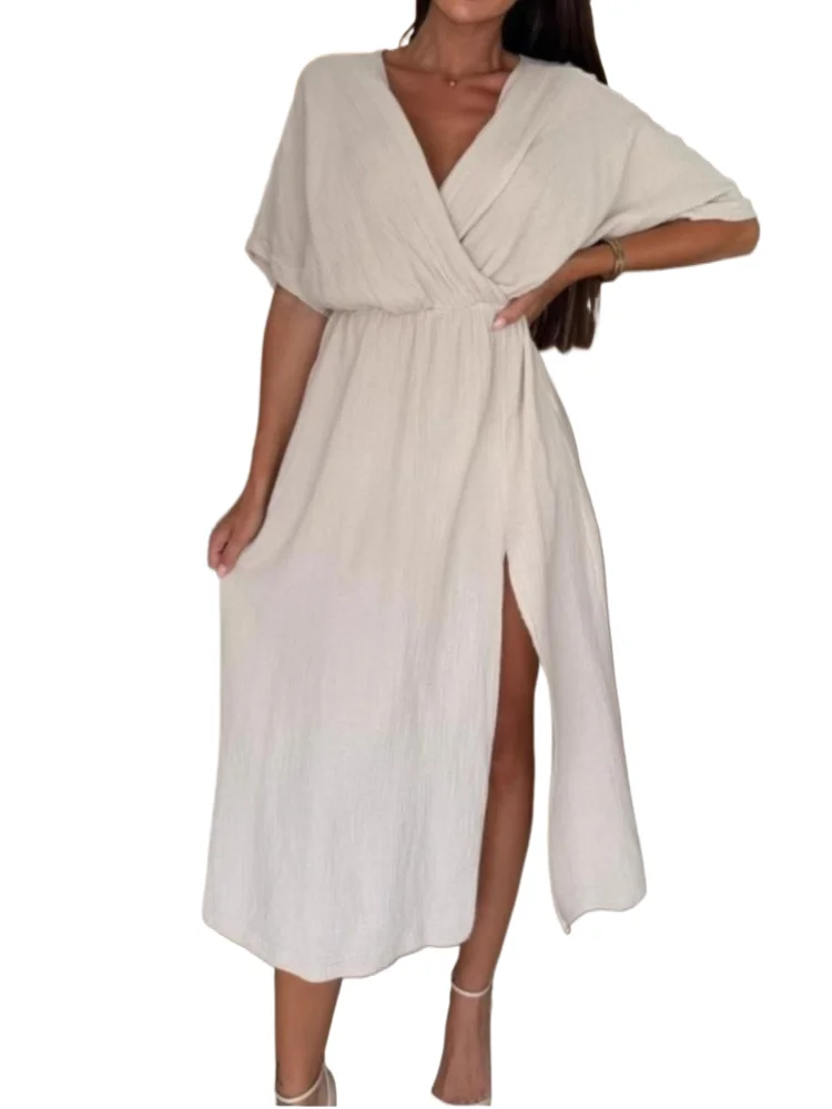 Fashion Solid Loose Dress For Women Casual V Neck Short Sleeve High Waist Dresses Robe Femme Elegant Office Womens Clothing New
Fashion Solid Loose Dress For Women Casual V Neck Short Sleeve High Waist Dresses Robe Femme Elegant Office Womens Clothing New