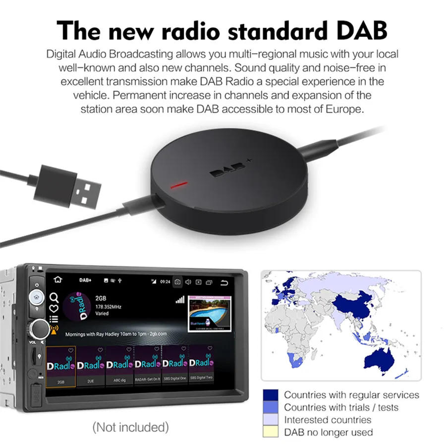 DAB + Box радио тюнер приемник Цифровой аудио трансляции приемник 3 м усиленная антенна для автомобильного радио выше Android 5,1
DAB + Box радио тюнер приемник Цифровой аудио трансляции приемник 3 м усиленная антенна для автомобильного радио выше Android 5,1