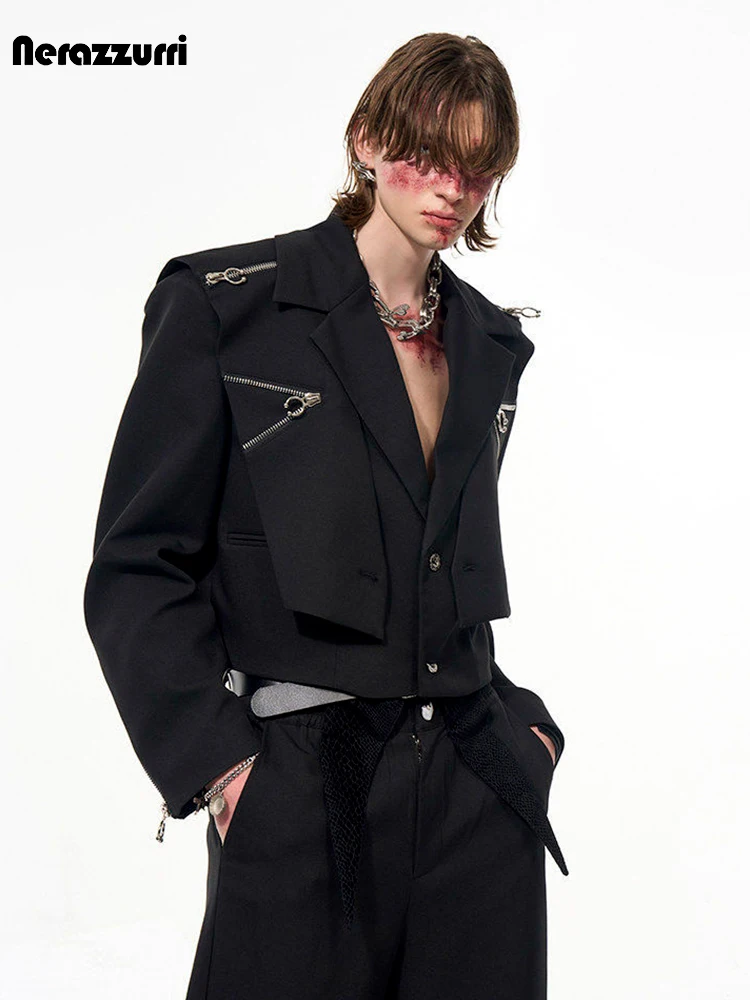 Nerazzurri Spring Autumn Cool Short Black Blazers for Man Single Breasted Chic Fake 2 Pieces Punk Style Clothes Menswear 2026
Nerazzurri Spring Autumn Cool Short Black Blazers for Man Single Breasted Chic Fake 2 Pieces Punk Style Clothes Menswear 2026