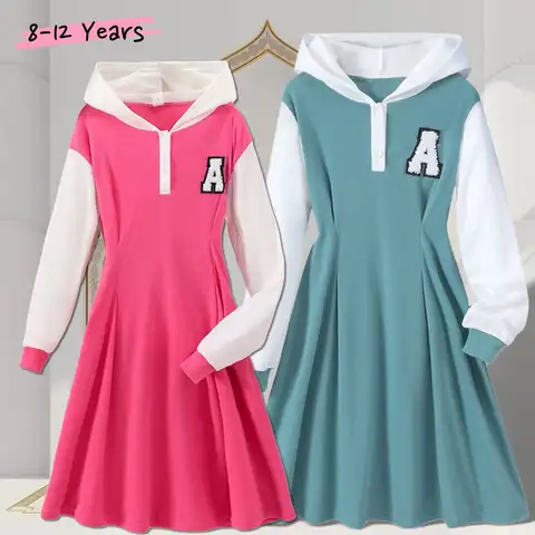 Girls Dresses 2024 Autumn Winter Long Sleeve Hooded Contrast Color Casual Simple for 8 9 10 11 12 Years