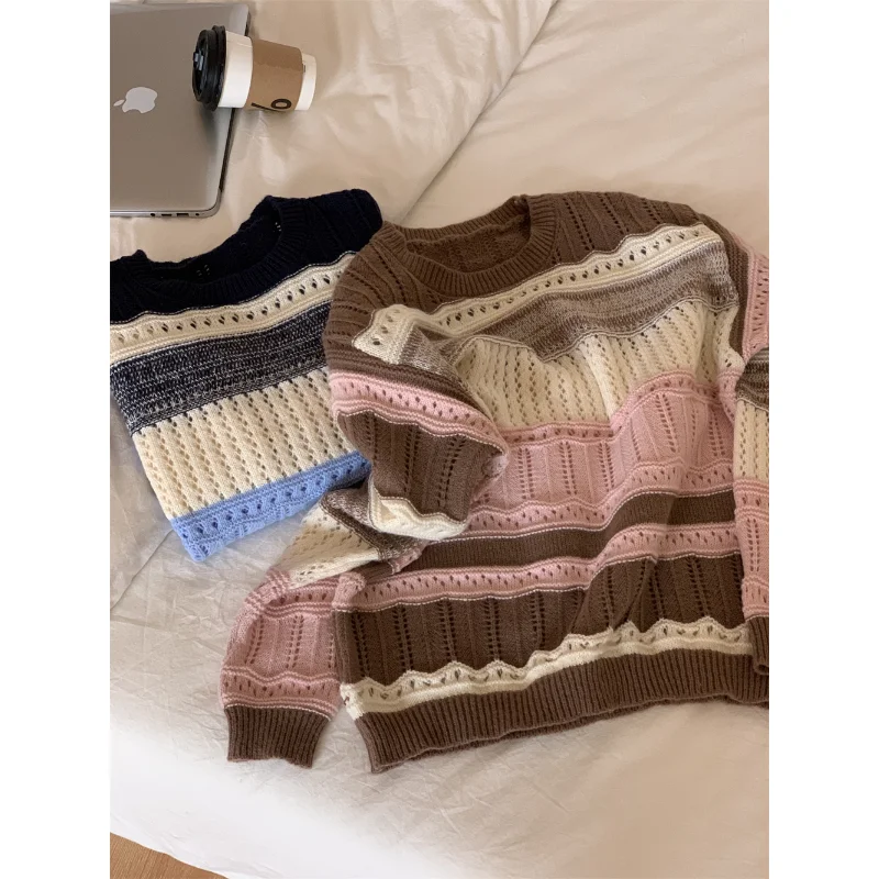 Мягкий вязаный полосатый свитер с ажурным узором, повседневный длинный свек, круглый, обычный, тонкий, осенний сезон, модный
Мягкий вязаный полосатый свитер с ажурным узором, повседневный длинный свек, круглый, обычный, тонкий, осенний сезон, модный
