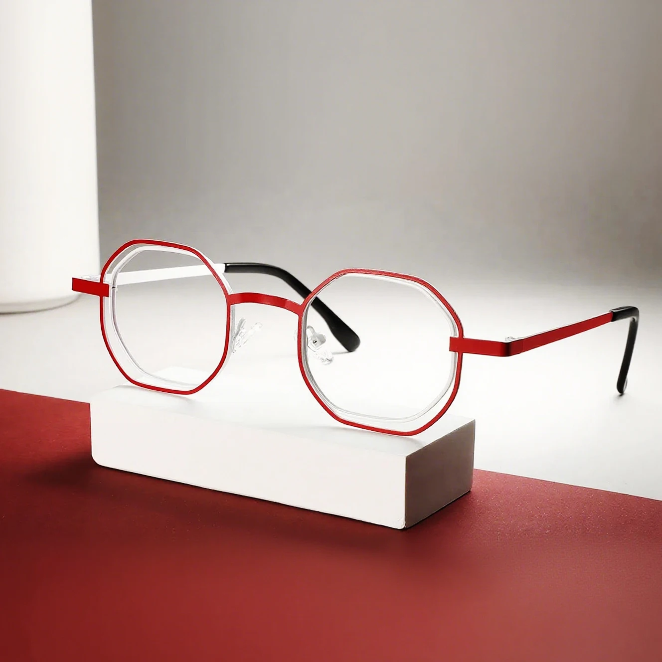 FYTOO Trendy Red-White Contrast Polygon Glasses, Retro Design, Easy to Style, Titanium Material, Removable Lenses, Unisex.
FYTOO Trendy Red-White Contrast Polygon Glasses, Retro Design, Easy to Style, Titanium Material, Removable Lenses, Unisex.