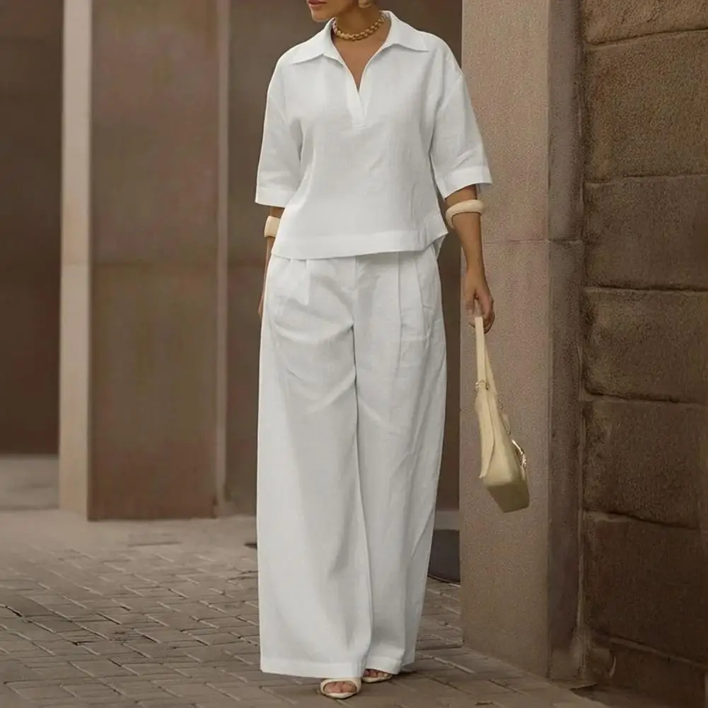 Women Wide-leg Trousers Set High-waisted Wide-leg Pants Women's 2 Piece Set Summer Outfit Short Sleeve Lapel V Neck Top Wide Leg
Women Wide-leg Trousers Set High-waisted Wide-leg Pants Women's 2 Piece Set Summer Outfit Short Sleeve Lapel V Neck Top Wide Leg
