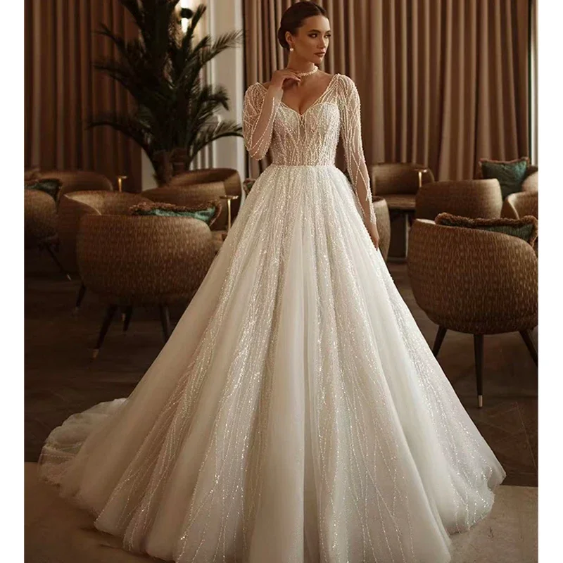 Glitter Wedding Dress Organza With Beading Ball Gown A-Line Full Sleeve V-Neck Customized Bride Dress Lace Up Vestido De Novia
Glitter Wedding Dress Organza With Beading Ball Gown A-Line Full Sleeve V-Neck Customized Bride Dress Lace Up Vestido De Novia