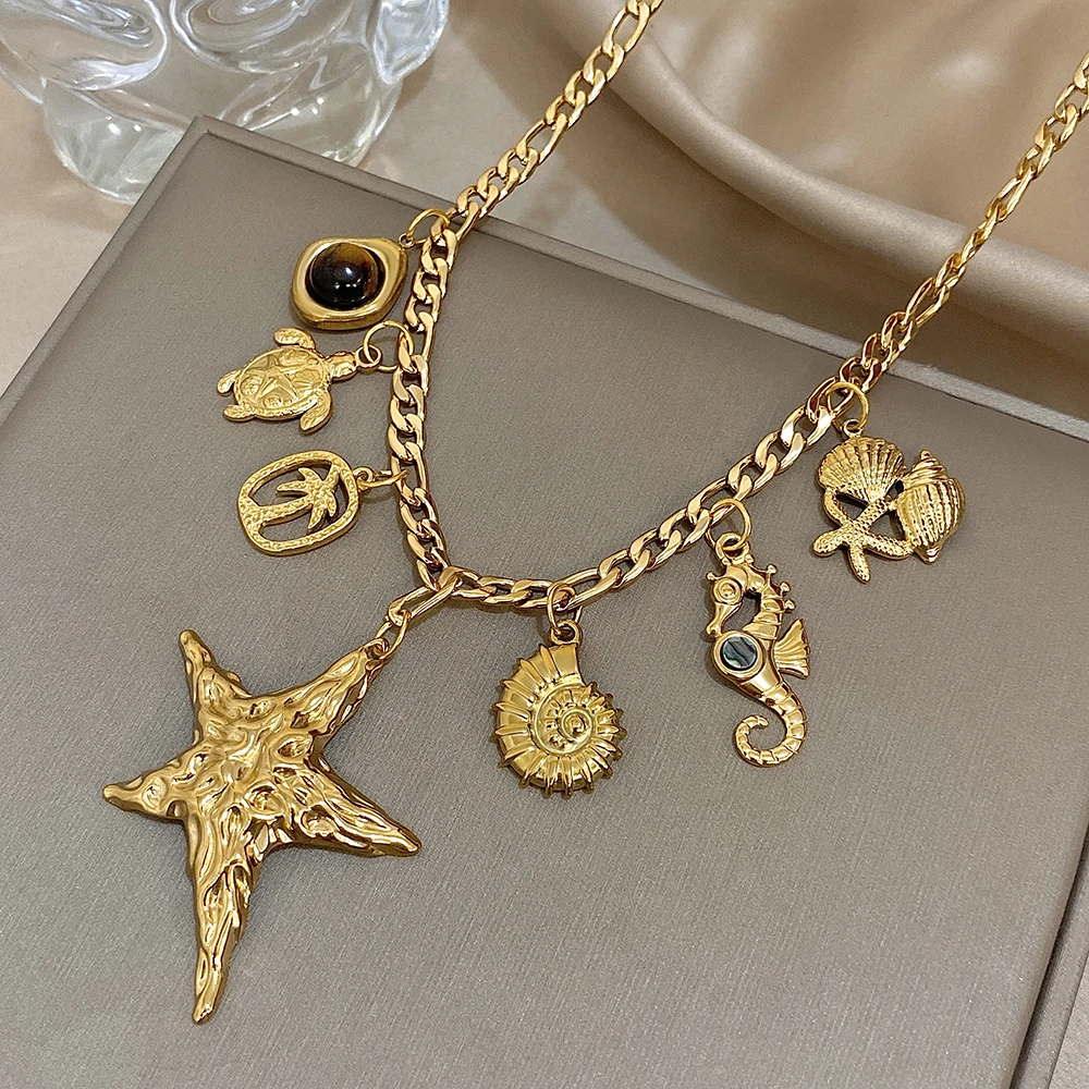 Freetry New Stainless Steel Starfish Conch Turtle Pendant Necklace for Women Summer Beach Waterproof Short Choker Clavicle Chain
Freetry New Stainless Steel Starfish Conch Turtle Pendant Necklace for Women Summer Beach Waterproof Short Choker Clavicle Chain