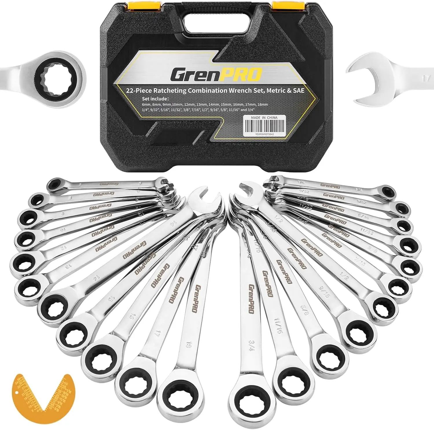 23-Piece Ratcheting Wrench Set with Metric and SAE Sizes, 72-Tooth Gears, Organizer Tool Box for Easy Storage
23-Piece Ratcheting Wrench Set with Metric and SAE Sizes, 72-Tooth Gears, Organizer Tool Box for Easy Storage