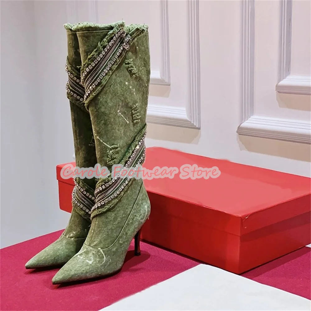 Retro Denim Tassel Knee High Women Boots Cross Wrap Design Rhinestone Zip Decor High Heel Long Boots Ladies Catwalk Dress Shoes
Retro Denim Tassel Knee High Women Boots Cross Wrap Design Rhinestone Zip Decor High Heel Long Boots Ladies Catwalk Dress Shoes