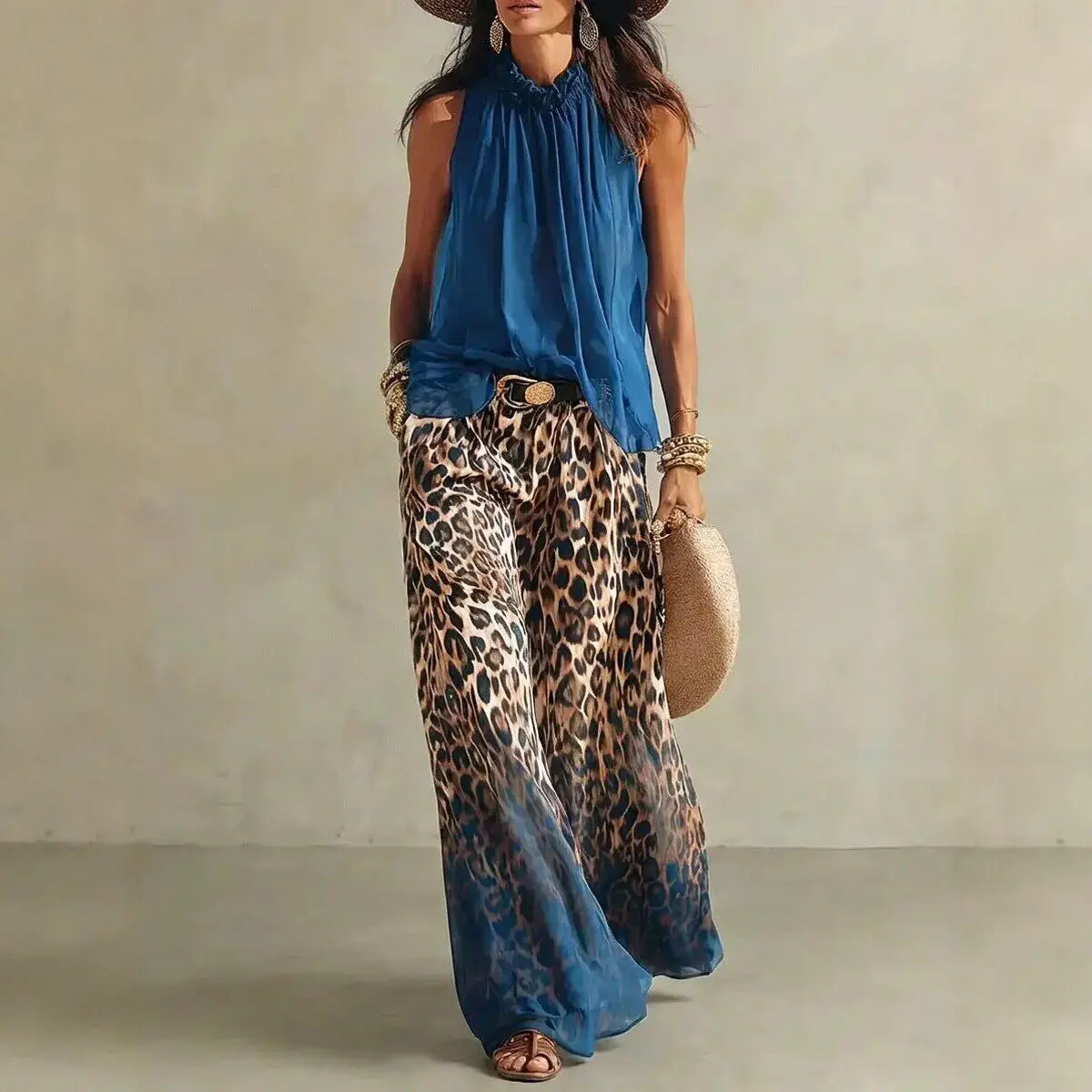Women 2 Piece Summer Outfits Sleeveless Halter Pullover Top + Leopard Print Gradient Wide Leg Pants Casual Simple Set
Women 2 Piece Summer Outfits Sleeveless Halter Pullover Top + Leopard Print Gradient Wide Leg Pants Casual Simple Set