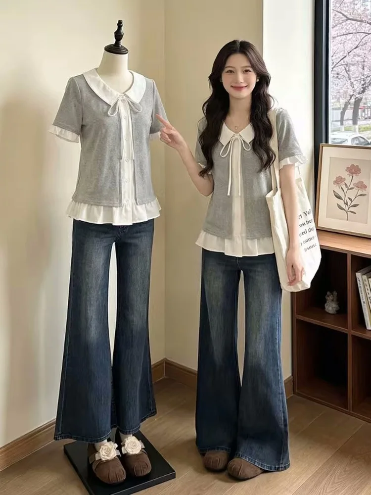 Flounce Trimmed Short Sleeve T-Shirt Women's Doll Collar Fake Two-Piece Top Shoulder-Length Summer New Style plus Size
Flounce Trimmed Short Sleeve T-Shirt Women's Doll Collar Fake Two-Piece Top Shoulder-Length Summer New Style plus Size