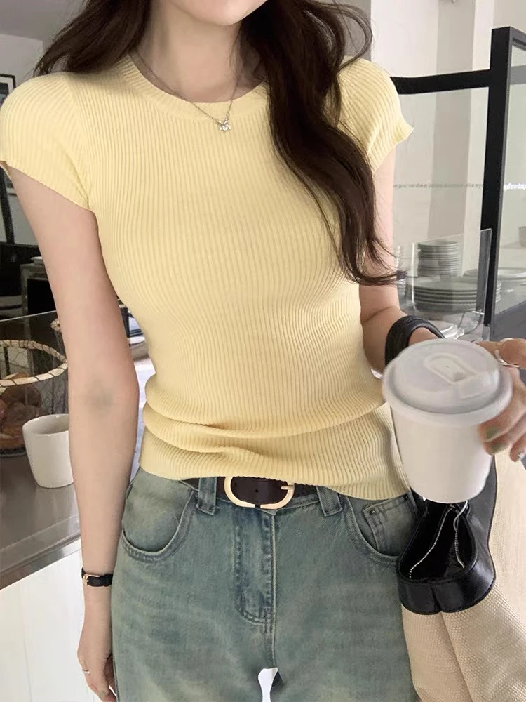 Slim Fit round Neck Knitted Short Sleeve Women's Summer Top Pure Color Knitwear Fashionable Inner Wear Commute Style Base Layer
Slim Fit round Neck Knitted Short Sleeve Women's Summer Top Pure Color Knitwear Fashionable Inner Wear Commute Style Base Layer