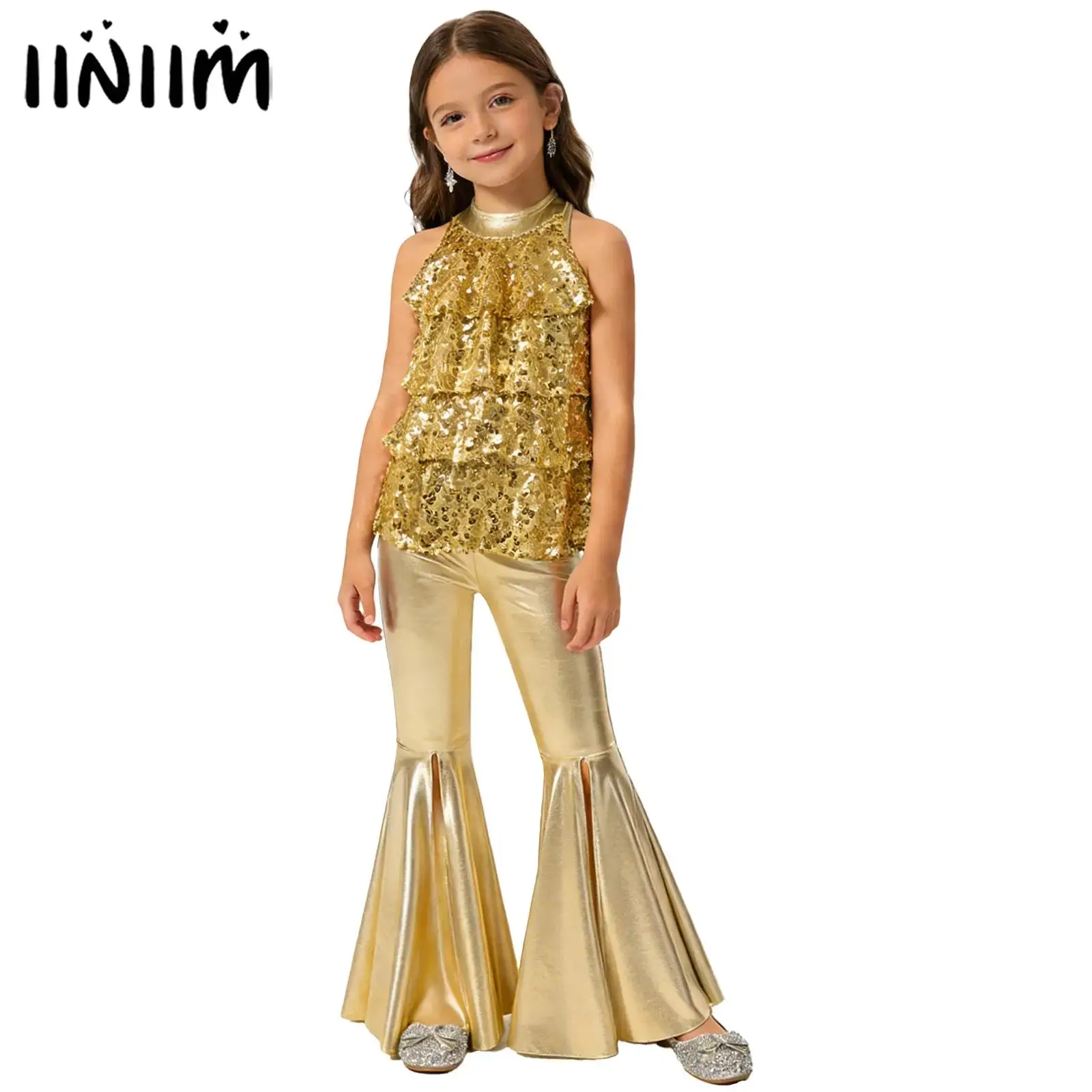 Kids Girls Hip Hop Jazz Dance Unitards Jumpsuit Performance Costume Shiny Sequins Leotard with Split Bell-Bottom Metallic Pants
Kids Girls Hip Hop Jazz Dance Unitards Jumpsuit Performance Costume Shiny Sequins Leotard with Split Bell-Bottom Metallic Pants