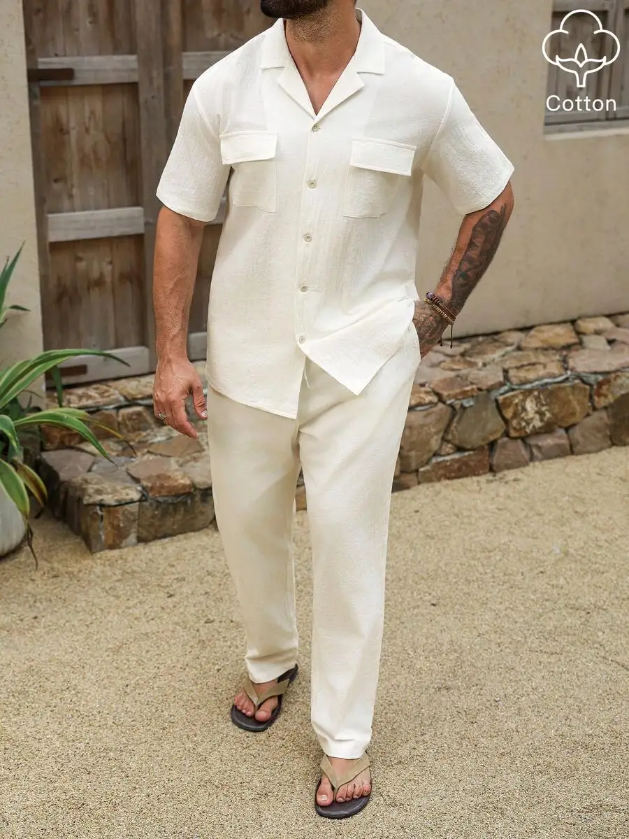 Mens Solid Color Lapel Short Sleeve Shirt And Pants Casual Linen Two Piece Set
Mens Solid Color Lapel Short Sleeve Shirt And Pants Casual Linen Two Piece Set