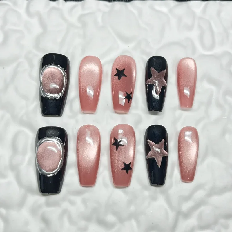 10PCS Sweet Cool Press on Nails Long Coffin Pink Black Star with Metallic Geometric Details Modern Fake Nails Handmade for Women
10PCS Sweet Cool Press on Nails Long Coffin Pink Black Star with Metallic Geometric Details Modern Fake Nails Handmade for Women