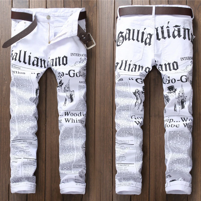 Casual New Style Denim Jeans Long White Trousers Men's Straight Fashion Design Newspaper Printing Pants Plus Size High Quality
Casual New Style Denim Jeans Long White Trousers Men's Straight Fashion Design Newspaper Printing Pants Plus Size High Quality