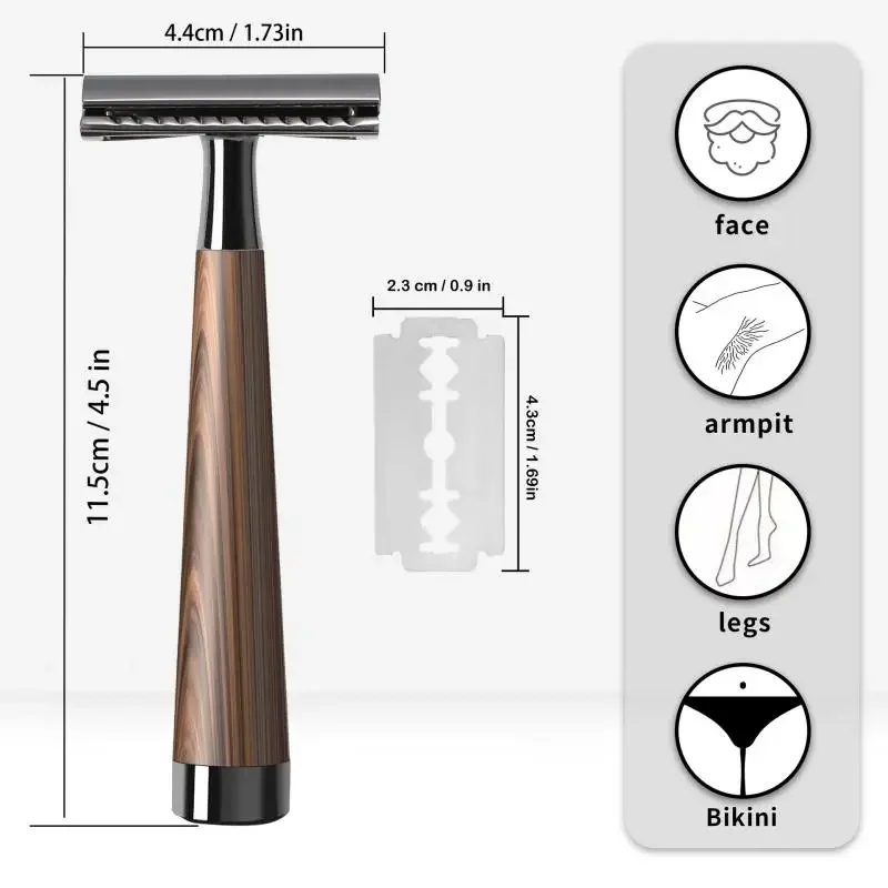 Double Edge Safety Razor, Faux Wood Zinc Alloy Handle Razor With 5 Stainless Steel Blades, Heavy Duty Eco-Friendly Razor
Double Edge Safety Razor, Faux Wood Zinc Alloy Handle Razor With 5 Stainless Steel Blades, Heavy Duty Eco-Friendly Razor
