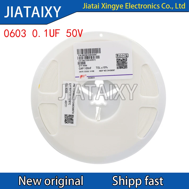 4000Pcs/Reel 0402 0603 0805 1206 capacitor 100nF 104K X5R 0.1UF 10% 50V smd capacitor
4000Pcs/Reel 0402 0603 0805 1206 capacitor 100nF 104K X5R 0.1UF 10% 50V smd capacitor