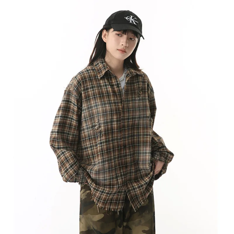 American Style Men's Raw Edge Shirts Lapel Single Breasted Plaid Casual Male Clothing Long Sleeved Tops Fashion 2025
American Style Men's Raw Edge Shirts Lapel Single Breasted Plaid Casual Male Clothing Long Sleeved Tops Fashion 2025