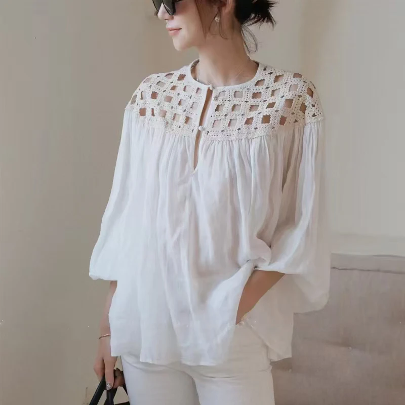 Spring/Summer New Ramie Fabric Round Neck Shoulder Hollow Top Puff Sleeve Comfortable Fashion Loose Women's Shirt S-XL
Spring/Summer New Ramie Fabric Round Neck Shoulder Hollow Top Puff Sleeve Comfortable Fashion Loose Women's Shirt S-XL