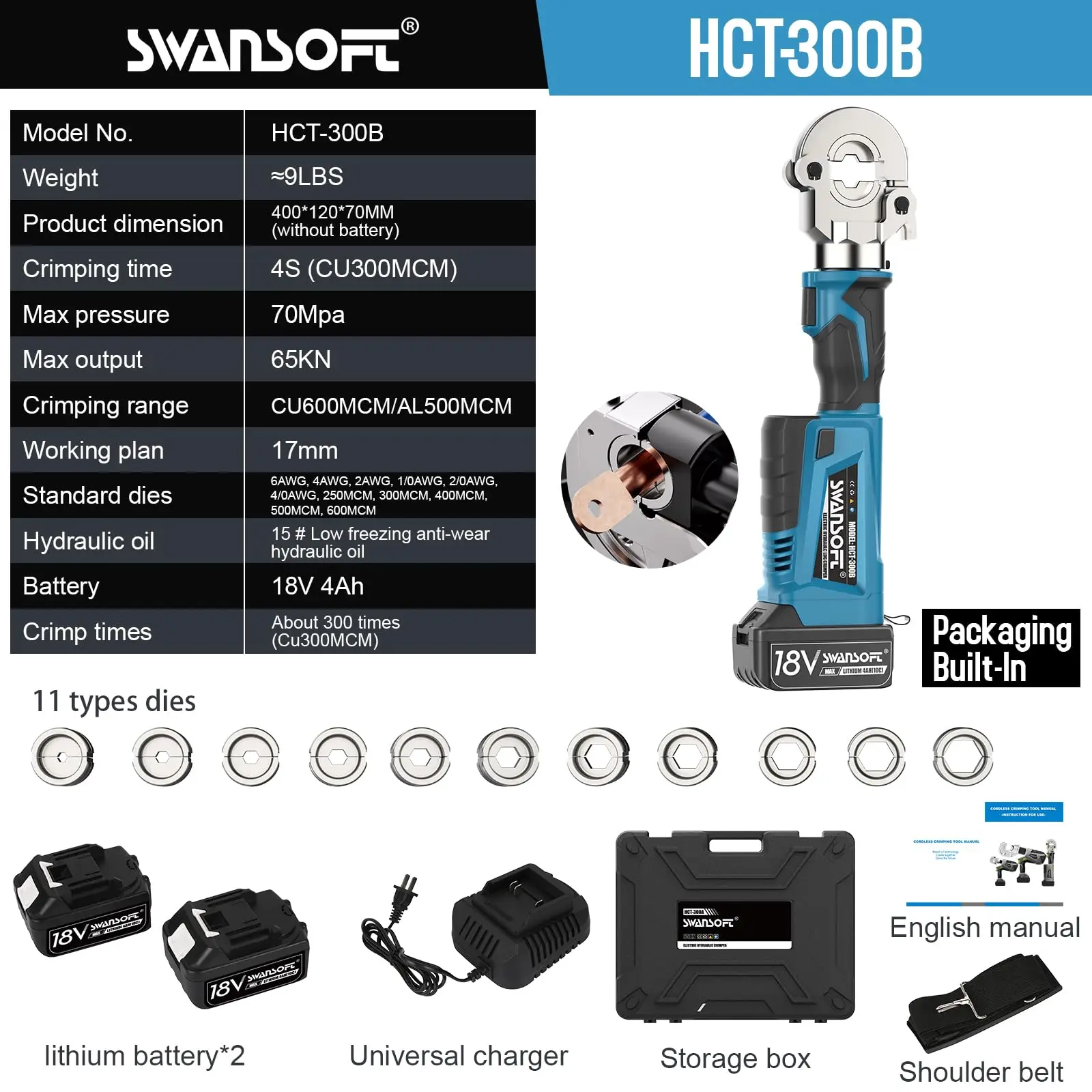Обжимной 20000 раз 300B-синий электрический гидравлический обжимной инструмент, 6 тонн, 6AWG-600MCM, перезаряжаемый гидравлический обжимной инструмент для терминала CuAl
Обжимной 20000 раз 300B-синий электрический гидравлический обжимной инструмент, 6 тонн, 6AWG-600MCM, перезаряжаемый гидравлический обжимной инструмент для терминала CuAl