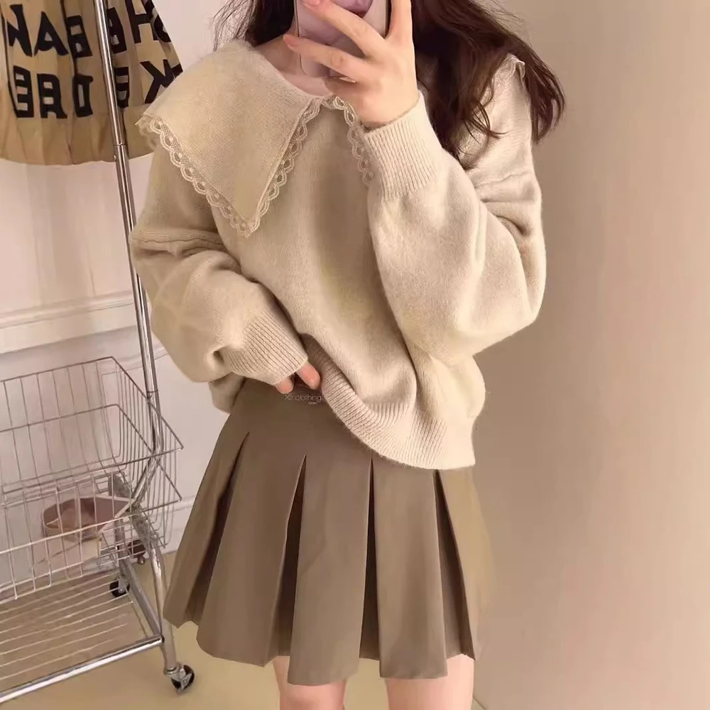 Women's Knit Sweater Sweet Autumn Winter New Drop Shoulder Long Sleeves Lace Edge Doll-Collar Pullover Soft Tops Female Clothes
Women's Knit Sweater Sweet Autumn Winter New Drop Shoulder Long Sleeves Lace Edge Doll-Collar Pullover Soft Tops Female Clothes